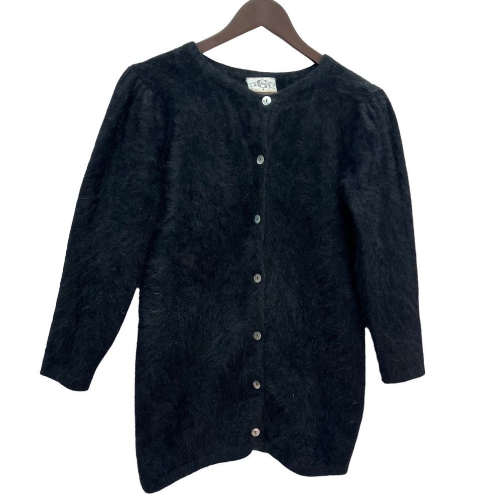 Vintage Angora Black Button Front Black Long Sweater Cardigan Size S